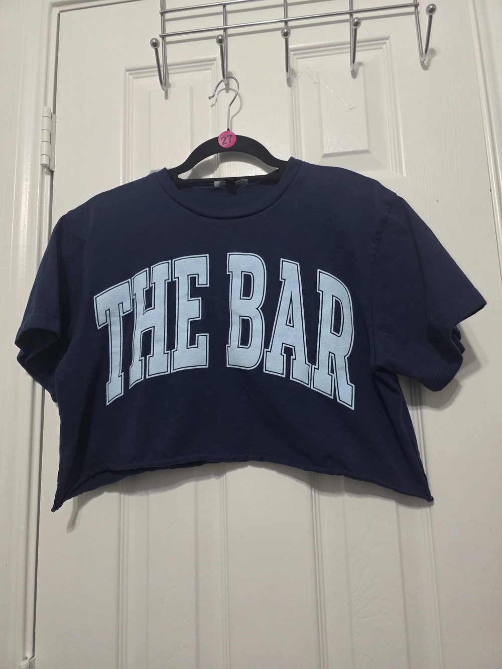 The Bar Navy Crop Tee with Light Blue Graphic